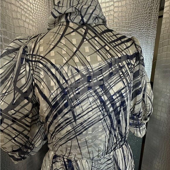 1970s Vintage Mignon Paris Chiffon Dress Women 10 Blue White Abstract Pattern - Picture 3 of 10